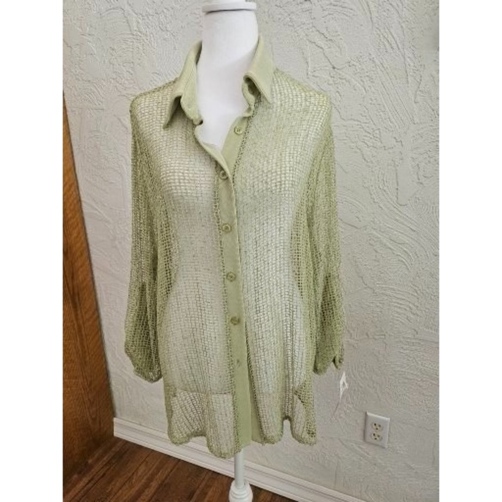 Picadilly Fashions Lime Green Open Crochet Button Jacket Blouse NWT XL